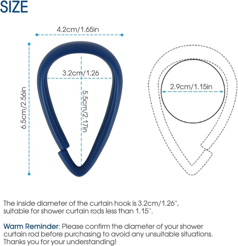 Topspring Navy Blue Plastic Shower Curtain Hooks Rings - 12 Pcs Drop Shaped Dark Blue Shower Hooks for Curtain Bathroom Shower Rod - Image 4