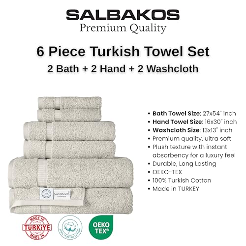 SALBAKOS 100% Turkish Cotton Towel Set of 6 Piece Stone | Premium Quality Hotel & Spa Collection 2 Washcloth, 2 Hand, 2 Bath Towel Sets for Bathroom | Made in Turkey (Stone, 6 Piece Towel Set) - Image 4