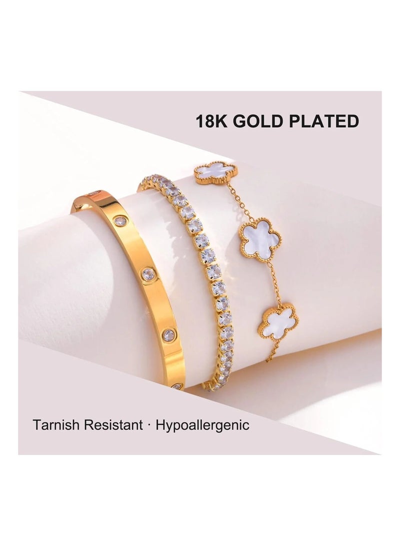 CAMSCH Womens Stackable Floral Gold Bracelets - 3Pcs 18K Gold Plated Bracelet,Stainless Steel Bangle Bracelets Non Tarnish, Gold Bracelet Set Trendy Jewelry,Christmas Valentines Birthday Gifts for Girlfriend - Image 2