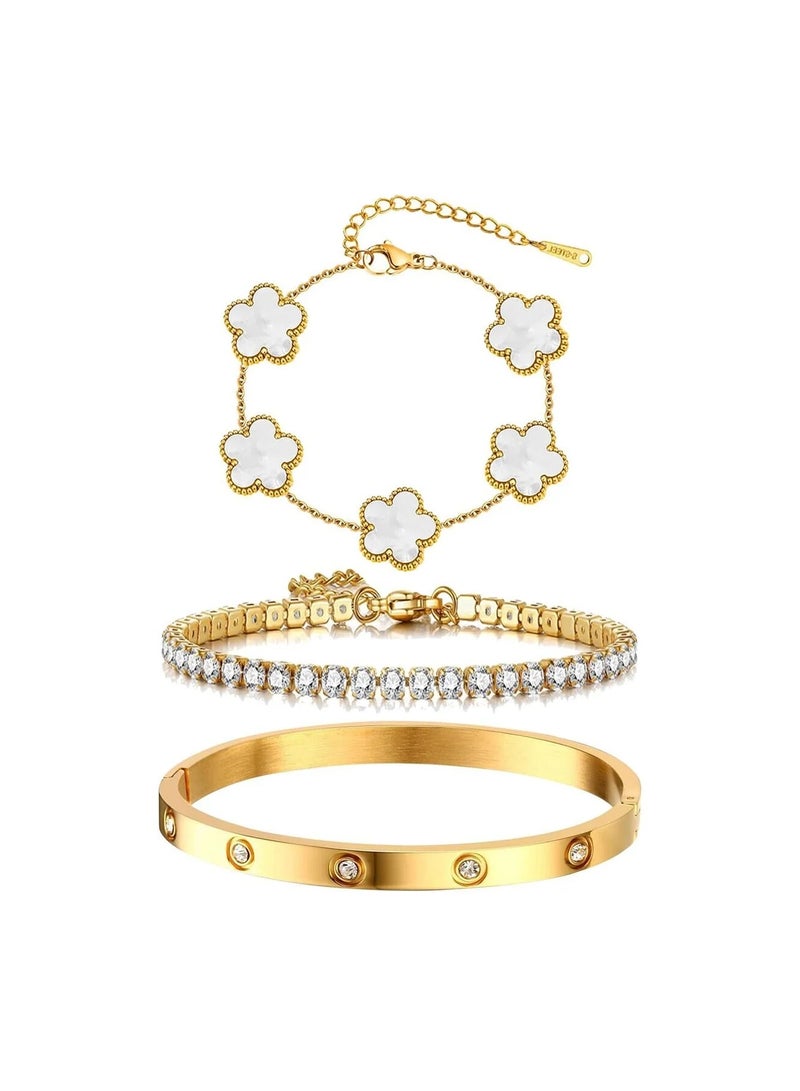 CAMSCH Womens Stackable Floral Gold Bracelets - 3Pcs 18K Gold Plated Bracelet,Stainless Steel Bangle Bracelets Non Tarnish, Gold Bracelet Set Trendy Jewelry,Christmas Valentines Birthday Gifts for Girlfriend - Image 1