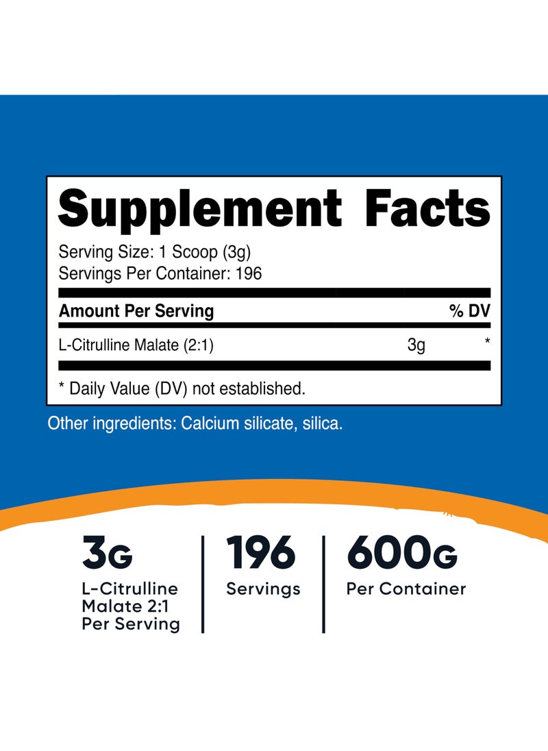 Nutricost - L-Citrulline Malate 2:1 3G L-Citrulline Malate 2:1 Per Serving, 196 Servings, 600G Per Container, Unflavored Net Wt. 21.4 Oz (1.3 LB) (600 G), Dietary Supplement - Image 1