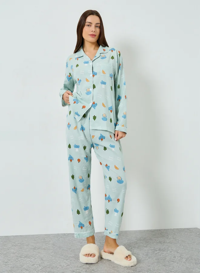 ستايلي مجموعة من بيجاما وقميص بطبعة جرافيك وأكمام طويلة