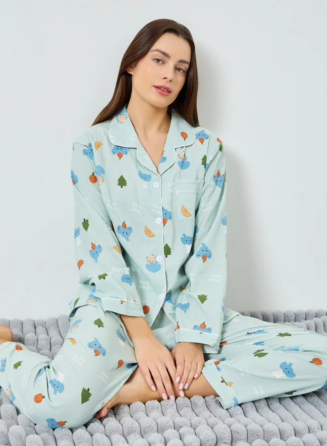 ستايلي مجموعة من بيجاما وقميص بطبعة جرافيك وأكمام طويلة