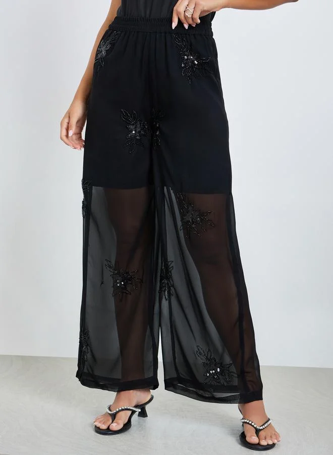 Styli Black Embellished Sheer Wide Leg Trousers