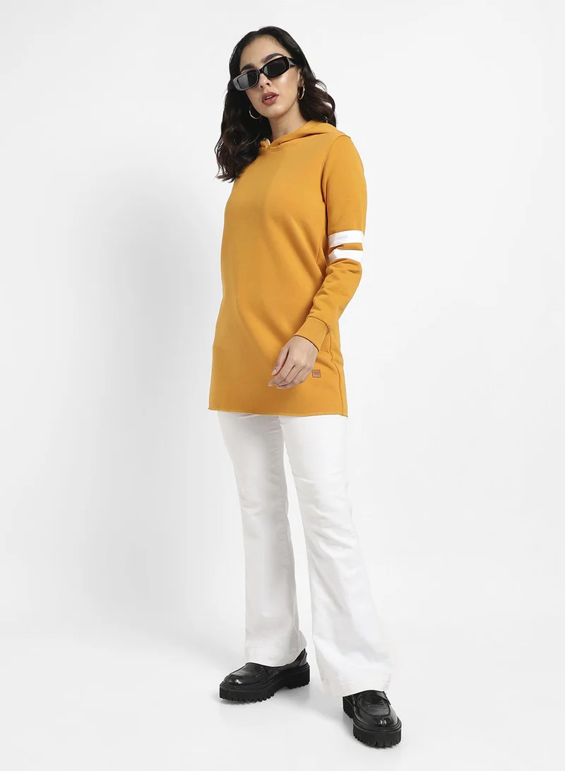 Campus Sutra Women's Mustard Yellow Pullover Long Hoodie For Casual Wear | Hooded Neck | Long Cuffed Sleeves | Pull On Closure | Sweatshirt Crafted With Comfort Fit For Everyday Wear