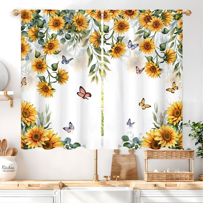 Famiffty Yellow Sunflower Country Kitchen Curtain 27.5W X 39L Inch 2 Panel Rod Pocket Rustic Floral Flower Butterfly Farmhouse Over Sink Set Small Short Cafe Tier Window Drapes Bathroom Home Decor - Image 1