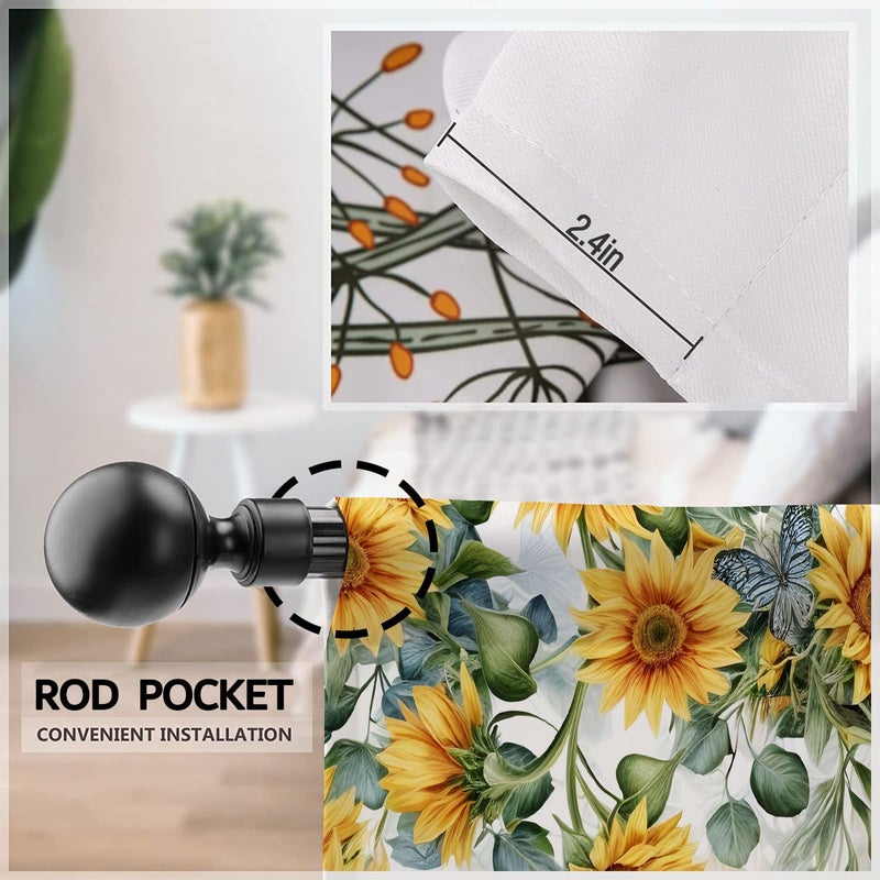 Famiffty Yellow Sunflower Country Kitchen Curtain 27.5W X 39L Inch 2 Panel Rod Pocket Rustic Floral Flower Butterfly Farmhouse Over Sink Set Small Short Cafe Tier Window Drapes Bathroom Home Decor - Image 5