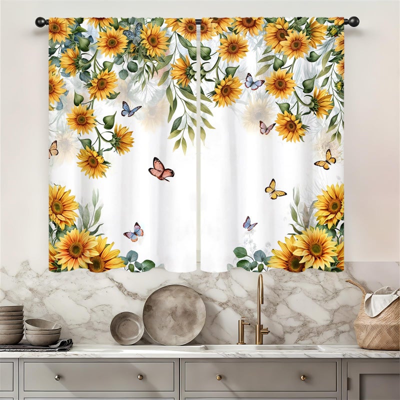 Famiffty Yellow Sunflower Country Kitchen Curtain 27.5W X 39L Inch 2 Panel Rod Pocket Rustic Floral Flower Butterfly Farmhouse Over Sink Set Small Short Cafe Tier Window Drapes Bathroom Home Decor - Image 2
