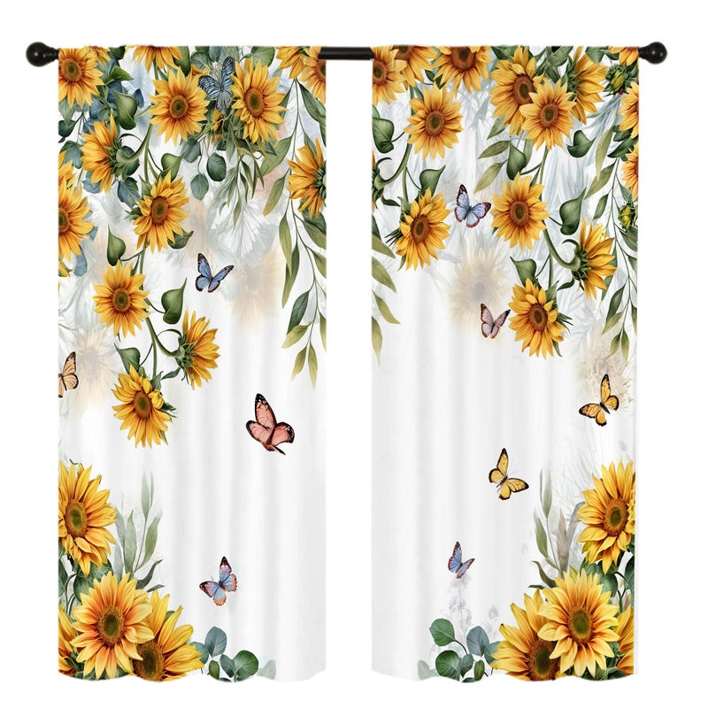 Famiffty Yellow Sunflower Country Kitchen Curtain 27.5W X 39L Inch 2 Panel Rod Pocket Rustic Floral Flower Butterfly Farmhouse Over Sink Set Small Short Cafe Tier Window Drapes Bathroom Home Decor - Image 4