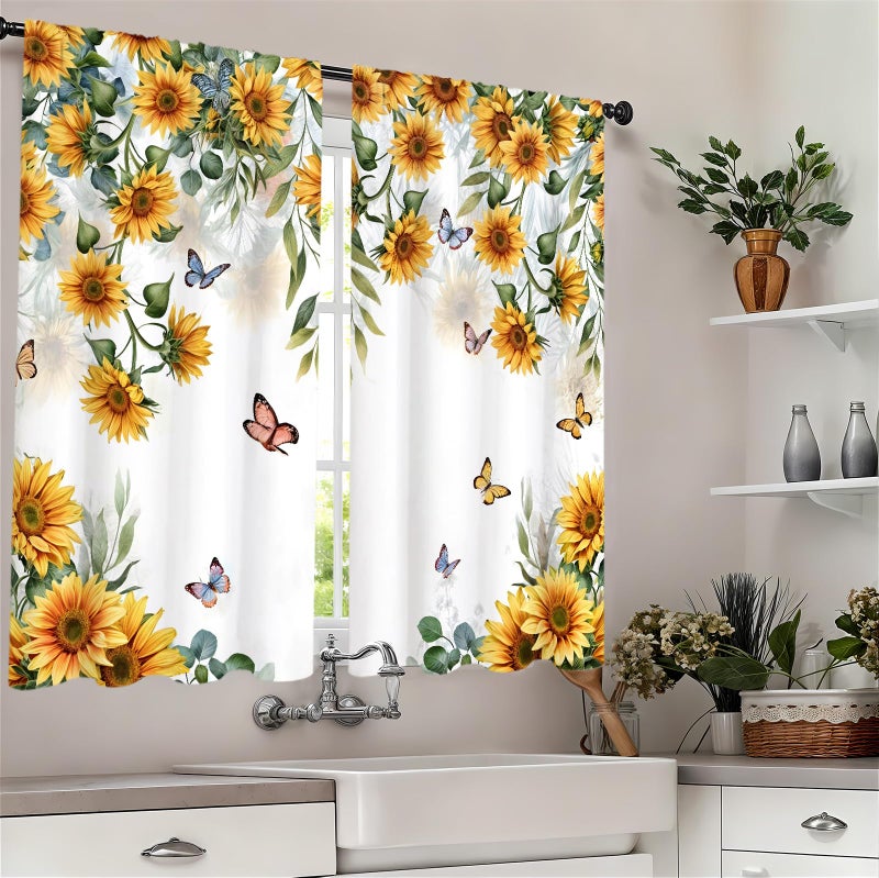 Famiffty Yellow Sunflower Country Kitchen Curtain 27.5W X 39L Inch 2 Panel Rod Pocket Rustic Floral Flower Butterfly Farmhouse Over Sink Set Small Short Cafe Tier Window Drapes Bathroom Home Decor - Image 3