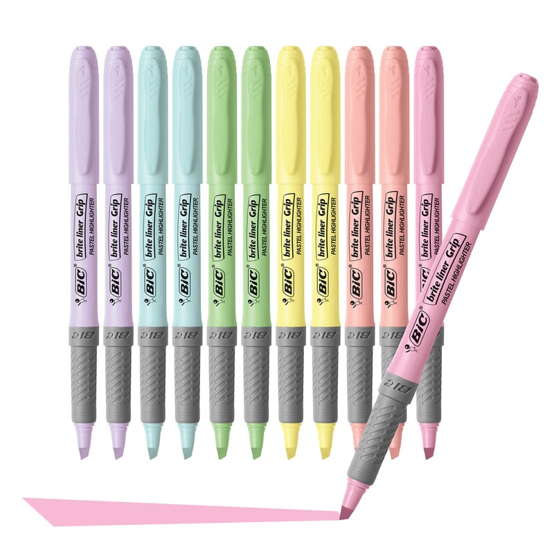 BIC Brite Liner Grip Pastel Highlighter Set, Chisel Tip, 12-Count Pack of Pastel Highlighters in Assorted Colors, Cute Highlighters for Bullet Journaling, Note Taking and More - Image 2