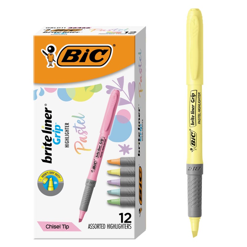 BIC Brite Liner Grip Pastel Highlighter Set, Chisel Tip, 12-Count Pack of Pastel Highlighters in Assorted Colors, Cute Highlighters for Bullet Journaling, Note Taking and More - Image 1