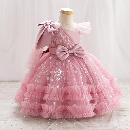 OBEEII Toddler Girl Sequins Heart Tulle Tutu Dress - Bowknot Princess Party & Wedding Flower Girl Dress - Dusty Pink, 5-6 Years - Image 2
