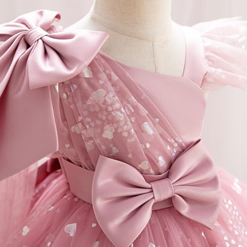 OBEEII Toddler Girl Sequins Heart Tulle Tutu Dress - Bowknot Princess Party & Wedding Flower Girl Dress - Dusty Pink, 5-6 Years - Image 5