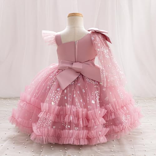 OBEEII Toddler Girl Sequins Heart Tulle Tutu Dress - Bowknot Princess Party & Wedding Flower Girl Dress - Dusty Pink, 5-6 Years - Image 4