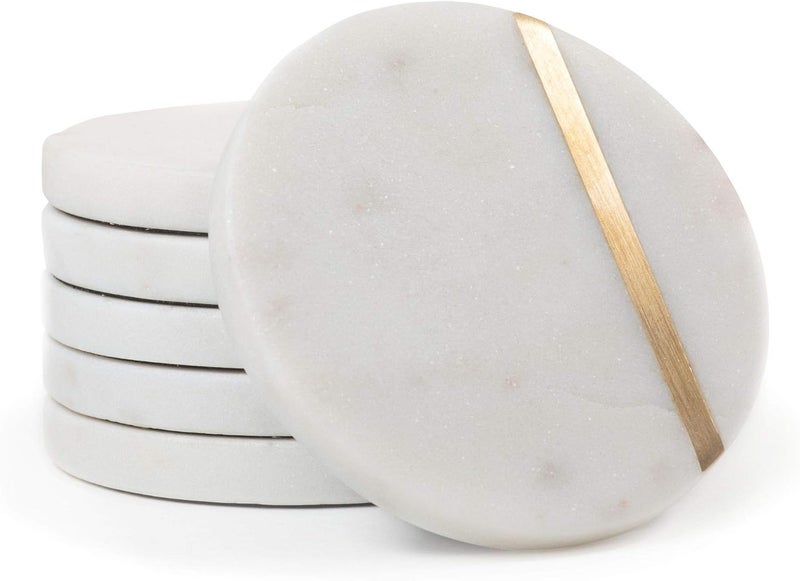 Cork & Mill Marble Coasters Set of 6 - Luxury Aesthetic Modern Decor for Coffee Table- White Marble with Gold Brass Inlay - Real Natural Semi Absorbent Stone Coasters - Image 1