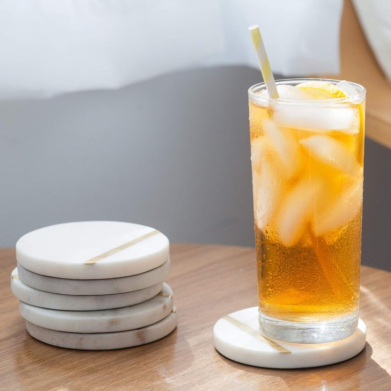 Cork & Mill Marble Coasters Set of 6 - Luxury Aesthetic Modern Decor for Coffee Table- White Marble with Gold Brass Inlay - Real Natural Semi Absorbent Stone Coasters - Image 5
