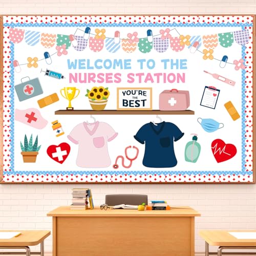 Joffetii 79Pcs School Nurse Bulletin Board Decorations Set Welcome Back to School Classroom Decorations Kit Nurse Appreciation Office Decor Medical RN Cutouts Healthcare Workers Decor for Chalkboard Wall Door - Image 1
