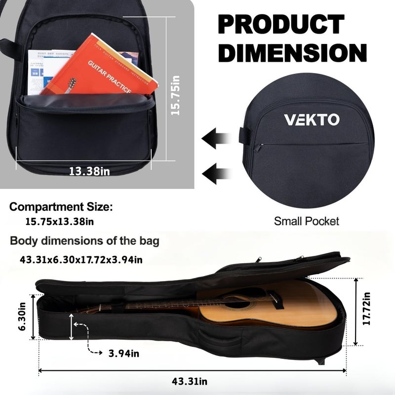 VEKTO 43 Inch Acoustic Guitar Gig Bag for 41/42" Guitars,900D Waterproof Oxford,10mm (0.4") Padded Soft Case with Neck Strap,Reinforced Bottom,Dual Adjustable Backpack Straps,Black - Image 3