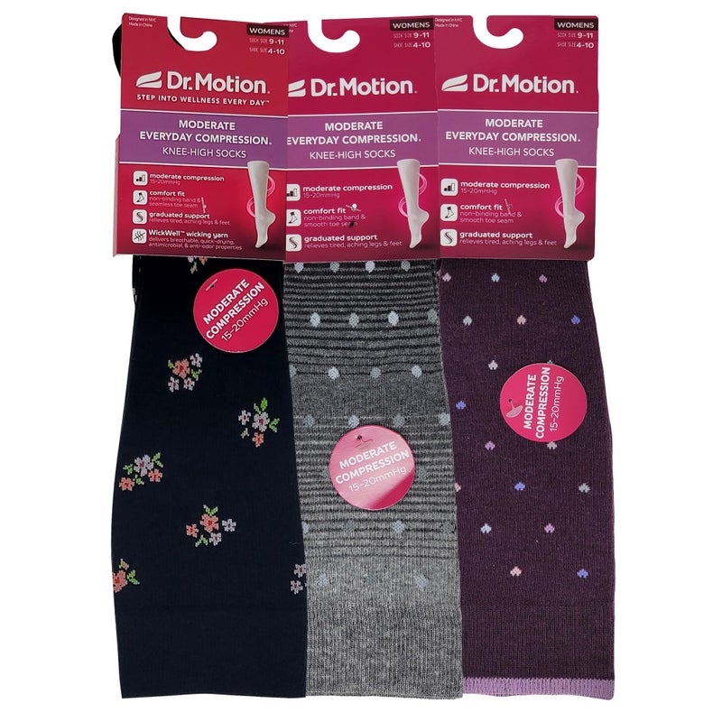 Dr Motion Women's Compression Knee High Socks, 15-20 mmHg, 3 Pairs (PT#E, 9-11) - Image 2