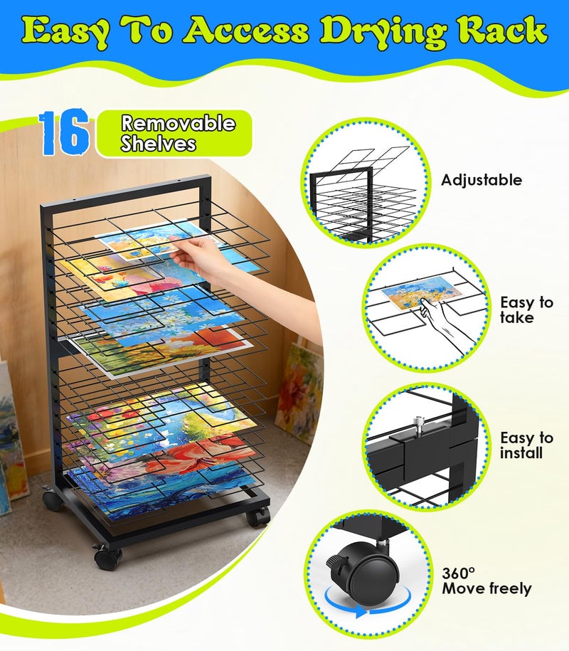TURNRISE Art Drying Rack 0.138" Thickened Paint Drying Rack Concave Painting Racks with 4 Casters, 3lbs Load Capacity Wire Paint Drying Stand for Classroom Art Studios, Schools, Preschool - Image 2
