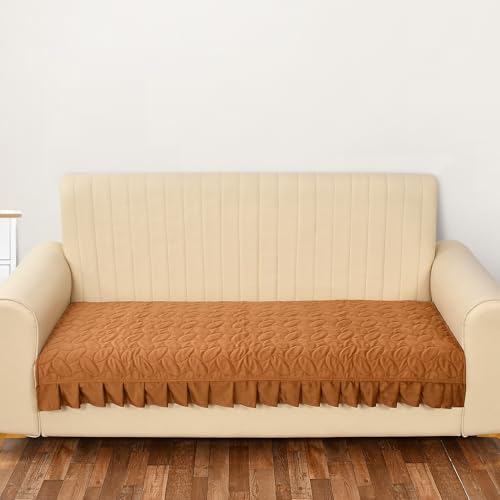 Yellow Weaves Quilted Velvet 2 Seater Sofa Cover Protector with Frill, Anti-Slip Sofa Cover Seat Mat (47 x 26 Inch), Golden Brown - Image 1
