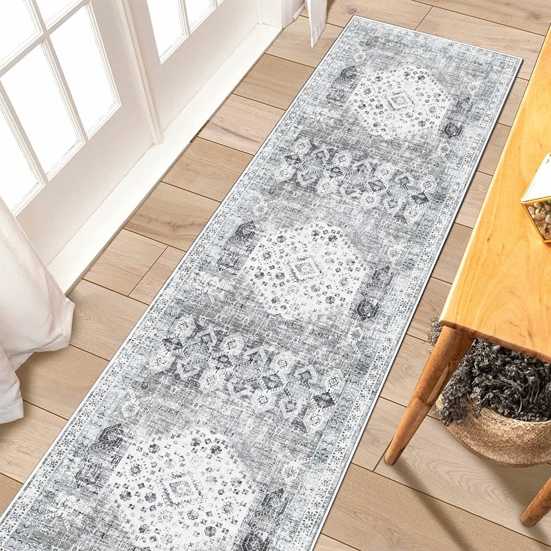 RUUGME 2x7 Washable Runner Rug  Vintage Hallway Rugs Non Slip Stain Resistant Rugs for Kitchen Living Room Bedroom Laundry Room Mat Distressed Rug Carpet Runner for Bathroom 2x7 Grey