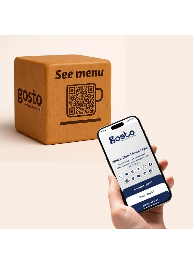 QR code display shaped cube for restaurant, material wood, 7*7*7cm, boost your business - Image 5