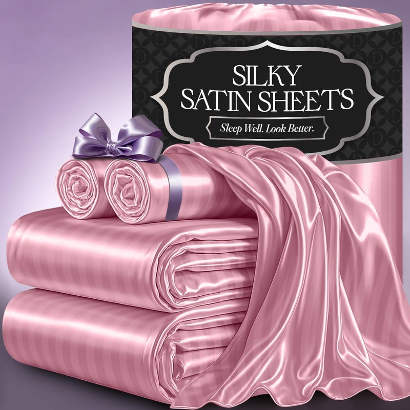 DECOLURE Satin Bed Sheets  4 Piece Luxury Silky King Size Bedding Set  Softer Than Silk WrinkleFree with 15 Deep Pocket Fitted Sheet Perfect for Hair  Skin Gifts for Women Striped Pink