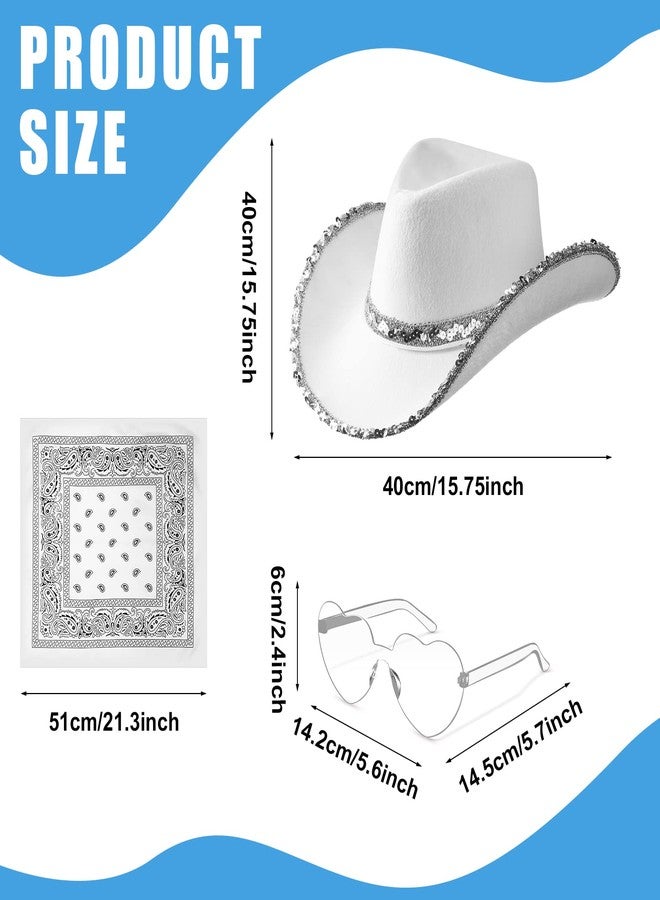 زانماي طقم قبعة رعاة البقر من زانماي مكون من 18 قطعة مع نظارات شمسية على شكل قلب ووشاح بيزلي للنساء والمراهقات (أبيض، بنمط لامع) - Image 2