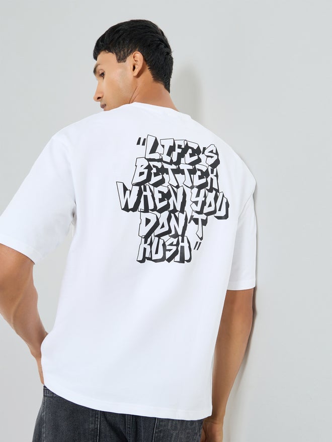 Styli Men White Graphic Print Cotton Oversized T-Shirt - Image 4