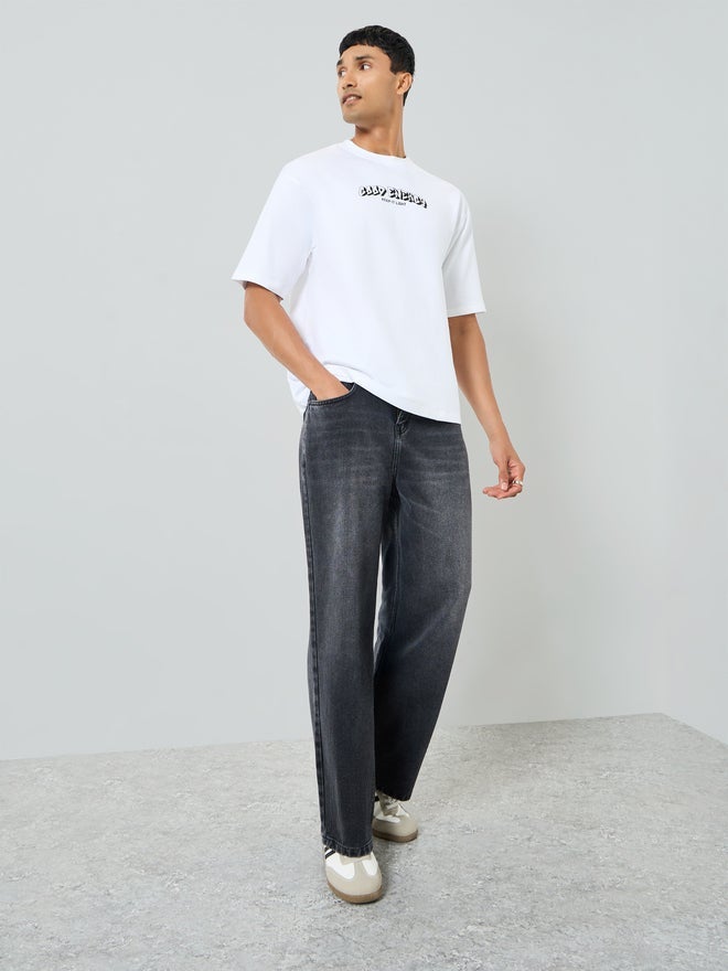 Styli Men White Graphic Print Cotton Oversized T-Shirt - Image 2