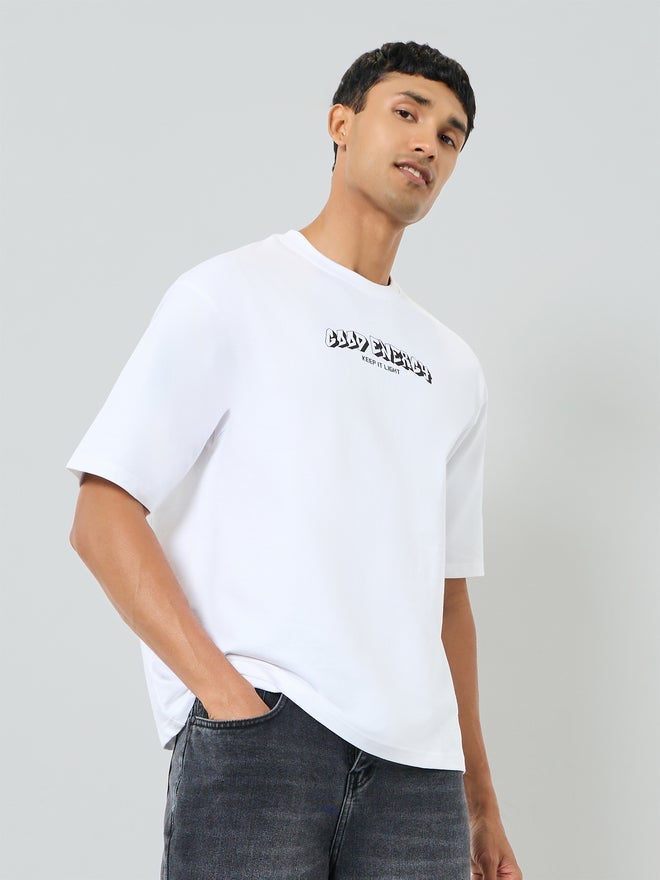 Styli Men White Graphic Print Cotton Oversized T-Shirt - Image 1