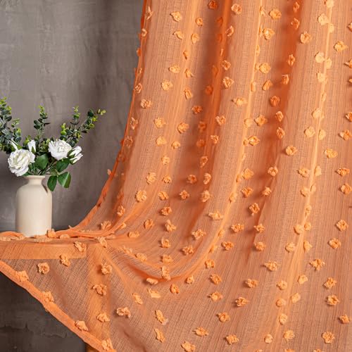 MYSKY HOME Pom Pom Orange Sheer Curtains for Bedroom Girls Room Curtains 84 Inches Long for Nursery Kids Light Filtering Boho Window Drapes, Rod Pocket, 38" Wide, 2 Panels - Image 1