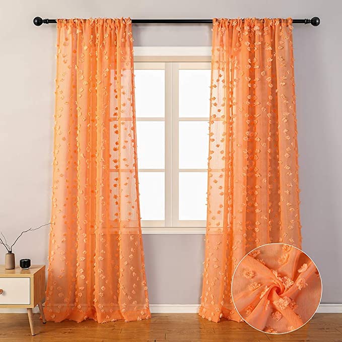 MYSKY HOME Pom Pom Orange Sheer Curtains for Bedroom Girls Room Curtains 84 Inches Long for Nursery Kids Light Filtering Boho Window Drapes, Rod Pocket, 38" Wide, 2 Panels - Image 2