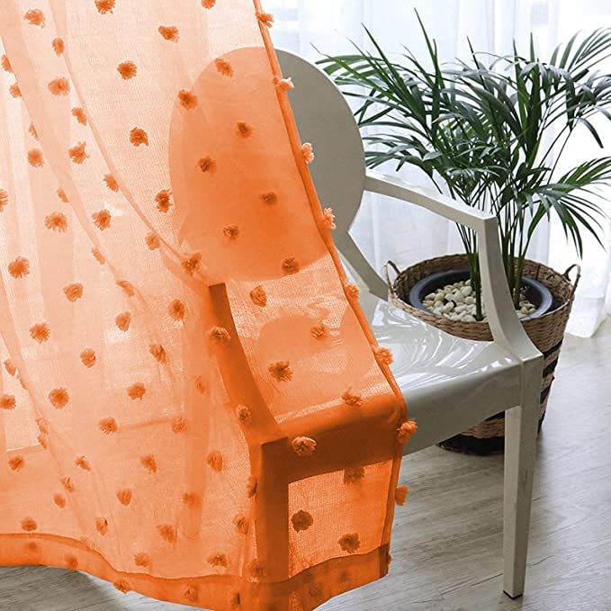 MYSKY HOME Pom Pom Orange Sheer Curtains for Bedroom Girls Room Curtains 84 Inches Long for Nursery Kids Light Filtering Boho Window Drapes, Rod Pocket, 38" Wide, 2 Panels - Image 5