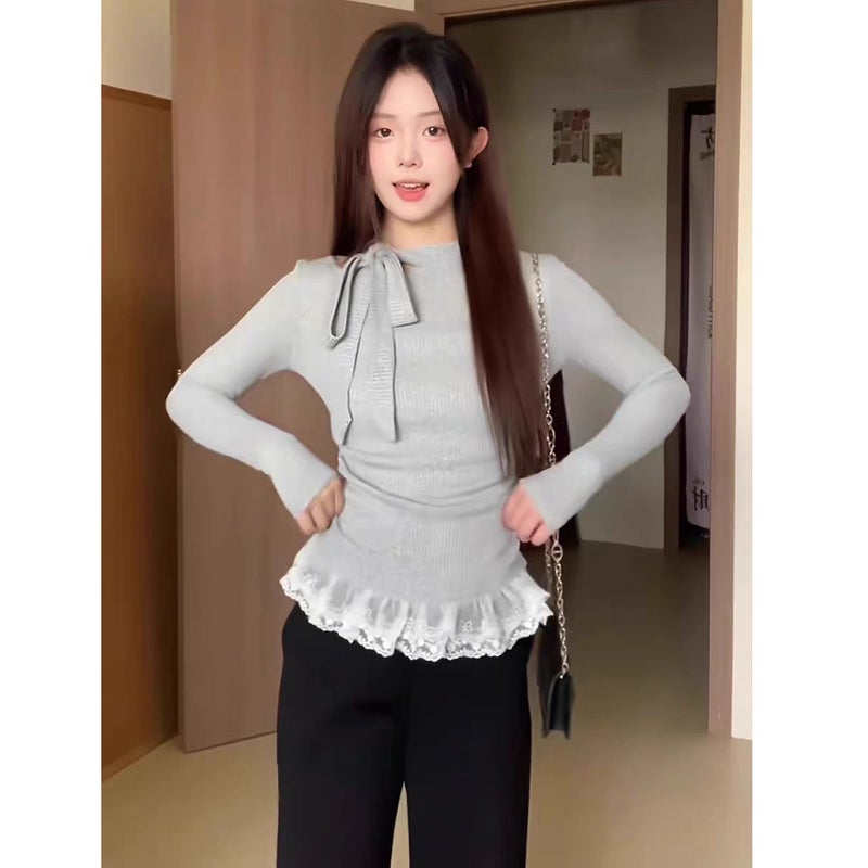 Ballet Style Beautiful All-match T-shirt Women's Autumn and Winter Niche Design Sense Bow Tie-up Hollow Slim-fit Base Shirt Trendy - Image 5