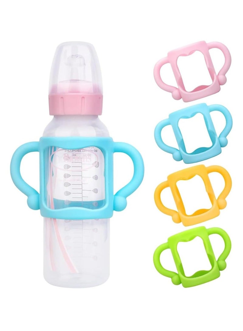 4 Pack Bottle Handles Narrow Baby Bottles BPA Free Baby Bottle Holder with Easy Grip Handles to Hold Their Own Bottle Silicone Hands Free Bottle Feeder