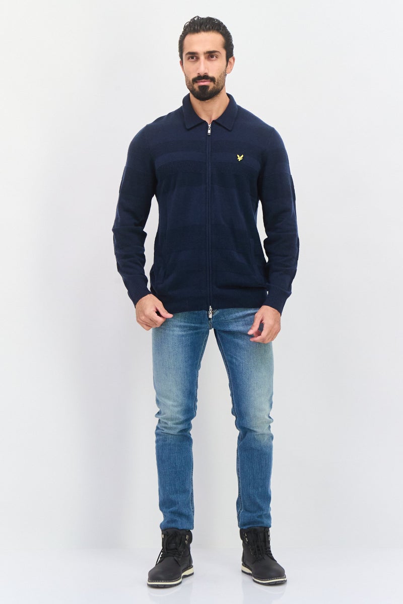 Lyle & Scott Men Pointed Collar Embroidered Logo Cardigan, Navy - Image 4