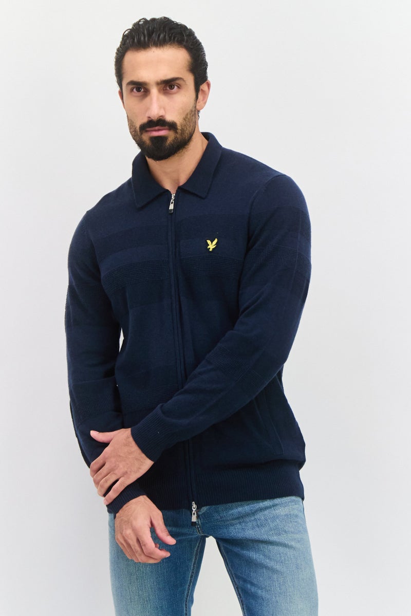 Lyle & Scott Men Pointed Collar Embroidered Logo Cardigan, Navy - Image 1