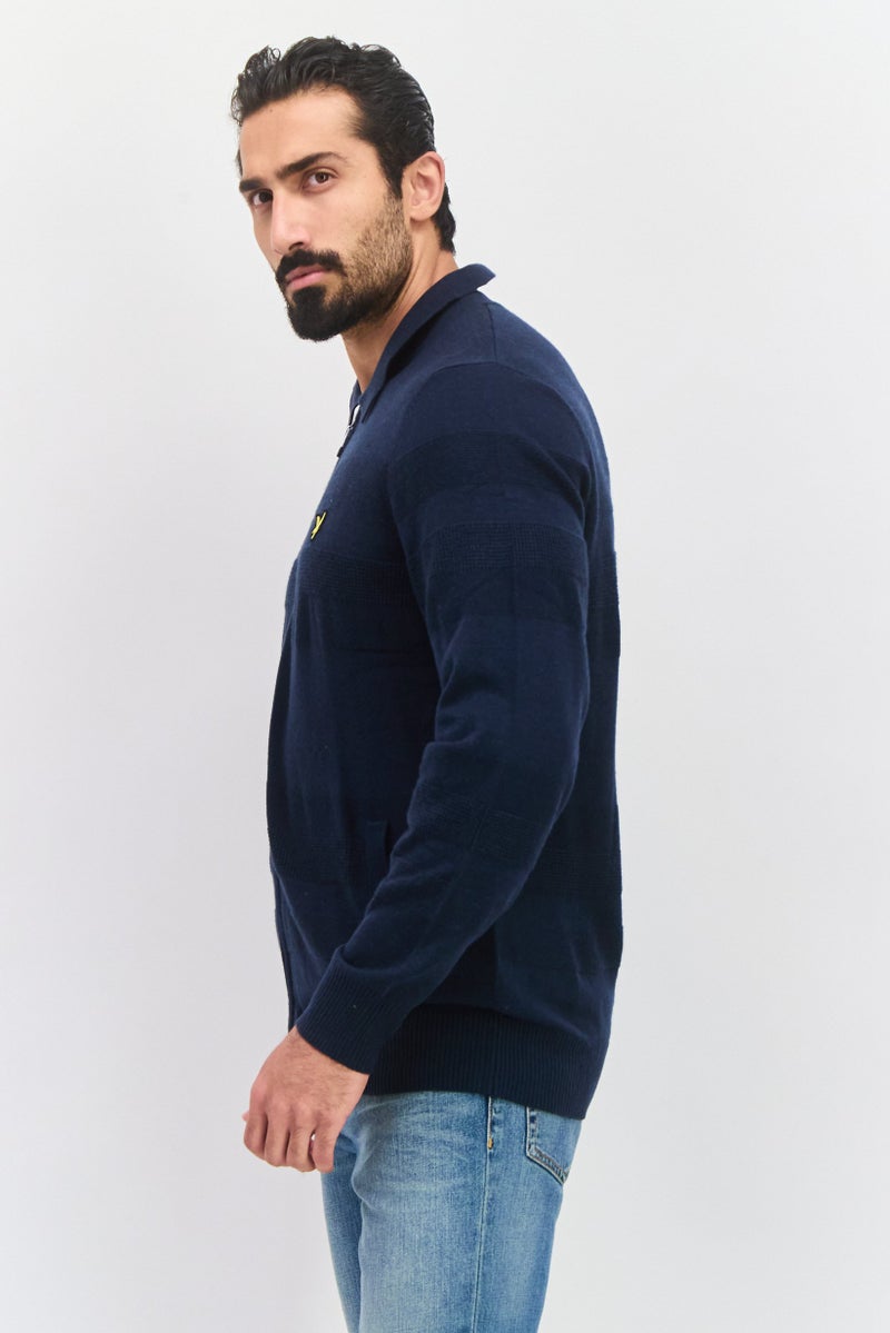 Lyle & Scott Men Pointed Collar Embroidered Logo Cardigan, Navy - Image 3
