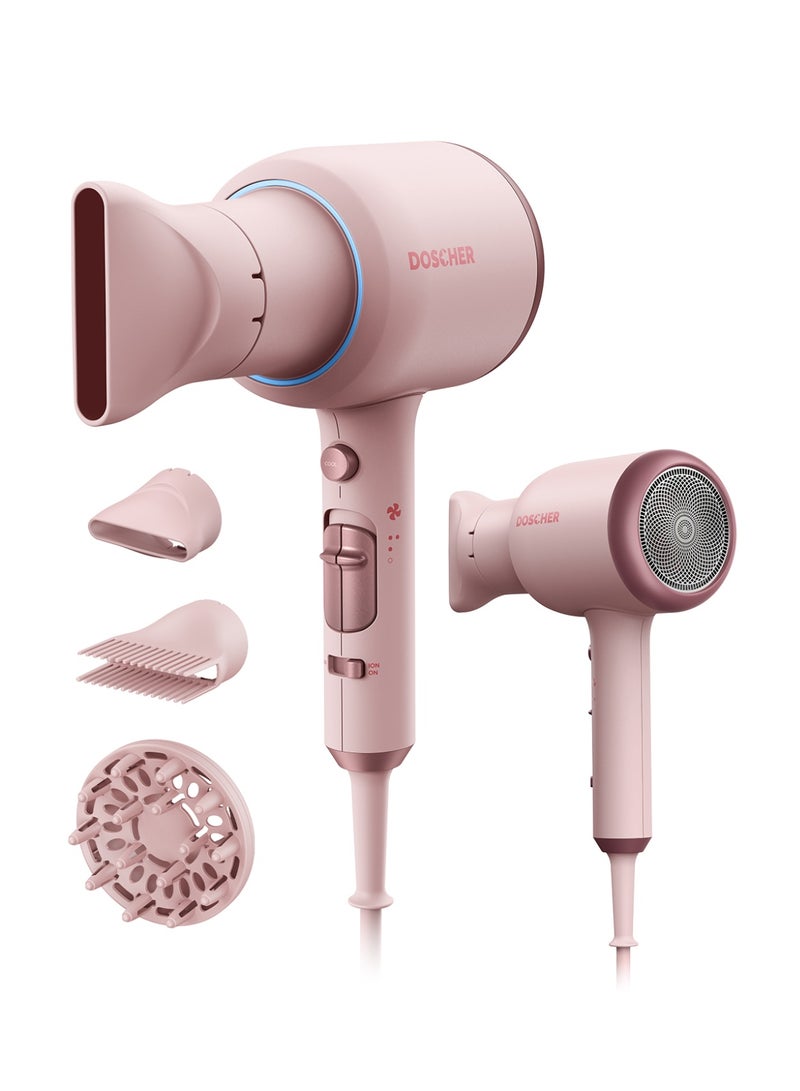DOSCHER Professional Ionic Hair Dryer, Compact Powerful 2200W Fast Drying Low Noise Blow Dryer with Comb Nozzle, Concentrator, Diffuser for Home Salon Travel (Pink) - Image 1