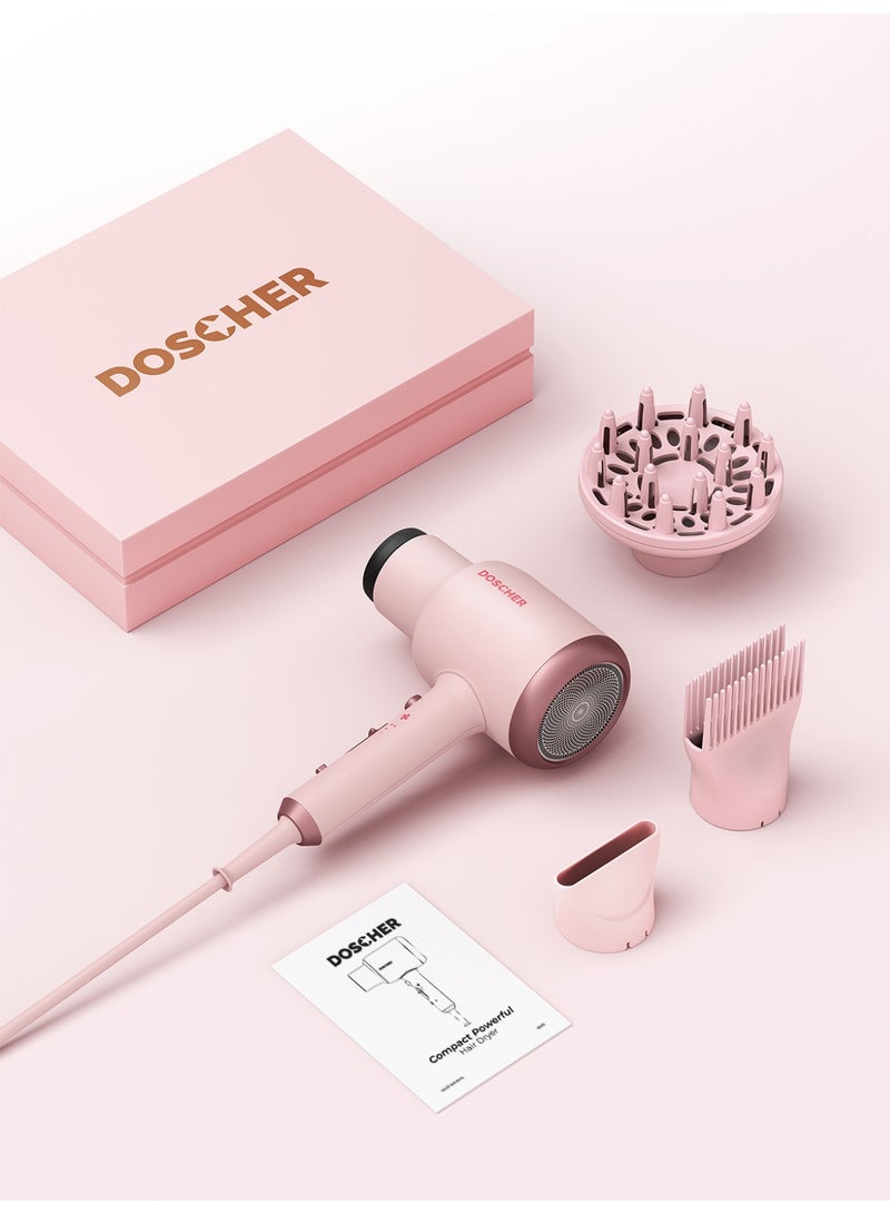DOSCHER Professional Ionic Hair Dryer, Compact Powerful 2200W Fast Drying Low Noise Blow Dryer with Comb Nozzle, Concentrator, Diffuser for Home Salon Travel (Pink) - Image 2