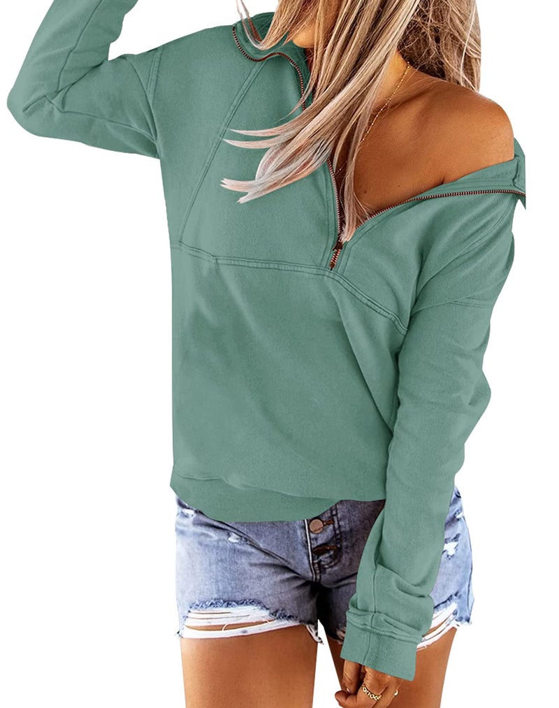 Floral Find Women's Long Sleeve Lapel Half Zip Up Sweatshirt Solid Stylish Loose Fit Casual Pullover Tops with Pocket (Sage, X-Large) - Image 2