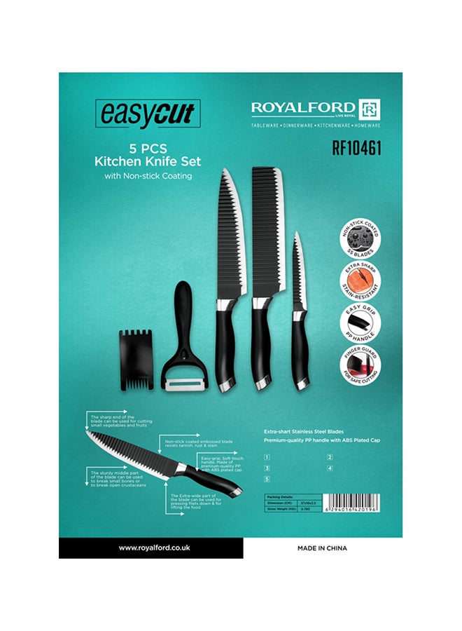 Royalford 5pcs Kitchen Knife Set with Non-stick Coating, RF10461 | Knife Set, Peeler & Finger Guard Black - Image 4