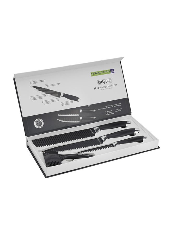 Royalford 5pcs Kitchen Knife Set with Non-stick Coating, RF10461 | Knife Set, Peeler & Finger Guard Black - Image 2