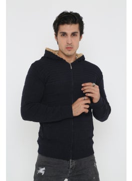 Kmk Men's Navy Blue Fur Lined Hooded Knitted Cardigan  - Image 1