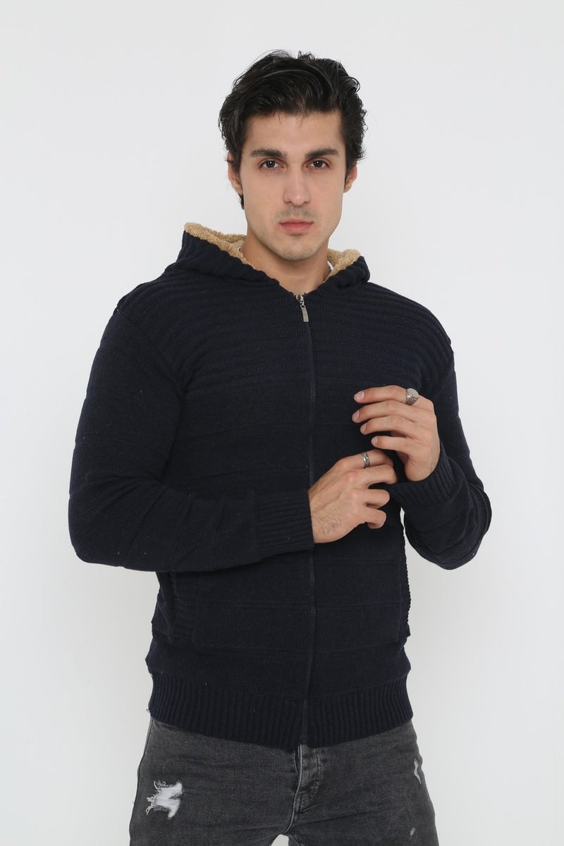 Kmk Men's Navy Blue Fur Lined Hooded Knitted Cardigan  - Image 1