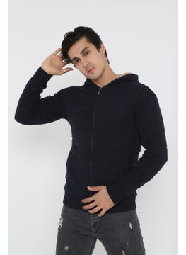 Kmk Men's Navy Blue Fur Lined Hooded Knitted Cardigan  - Image 3
