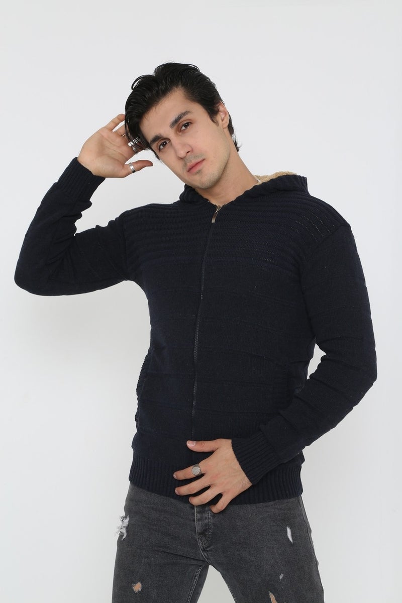 Kmk Men's Navy Blue Fur Lined Hooded Knitted Cardigan  - Image 3